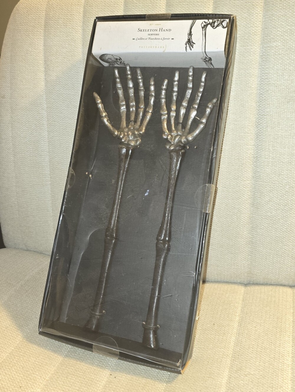 Pottery Barn Skeleton Hands Serving Set Halloween Metal Salad Servers Tongs NIP